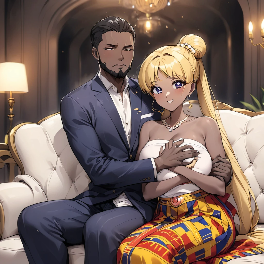 ((Highest quality)), ((masterpiece)), (detailed), (Perfect Face)、The woman is a Ghanaian black woman named Tsukino Usagi with vivid dark skin. She is wearing the gorgeous, colorful, glittering Ghanaian traditional kente dress in a luxurious Ghanaian mansion, with gorgeous jeweled accessories and an engagement ring. The man and woman are sitting on a luxurious, large sofa in a luxurious room, and the woman is being held in the arms of a dignified, strong-willed, middle-aged Ghanaian man wearing Ghanaian traditional dress.、The woman is the elegant Tsukino Usagi, with long blonde hair in a chignon twin tail, and a vivid dark-brown skin wearing the colorful Ghanaian national dress, Kente.、(The woman is a dark-skinned black Ghanaian.)、The man is a dignified, sturdy, bearded Ghanaian man wearing the Ghanaian national dress, Kente.、The woman is holding her baby daughter