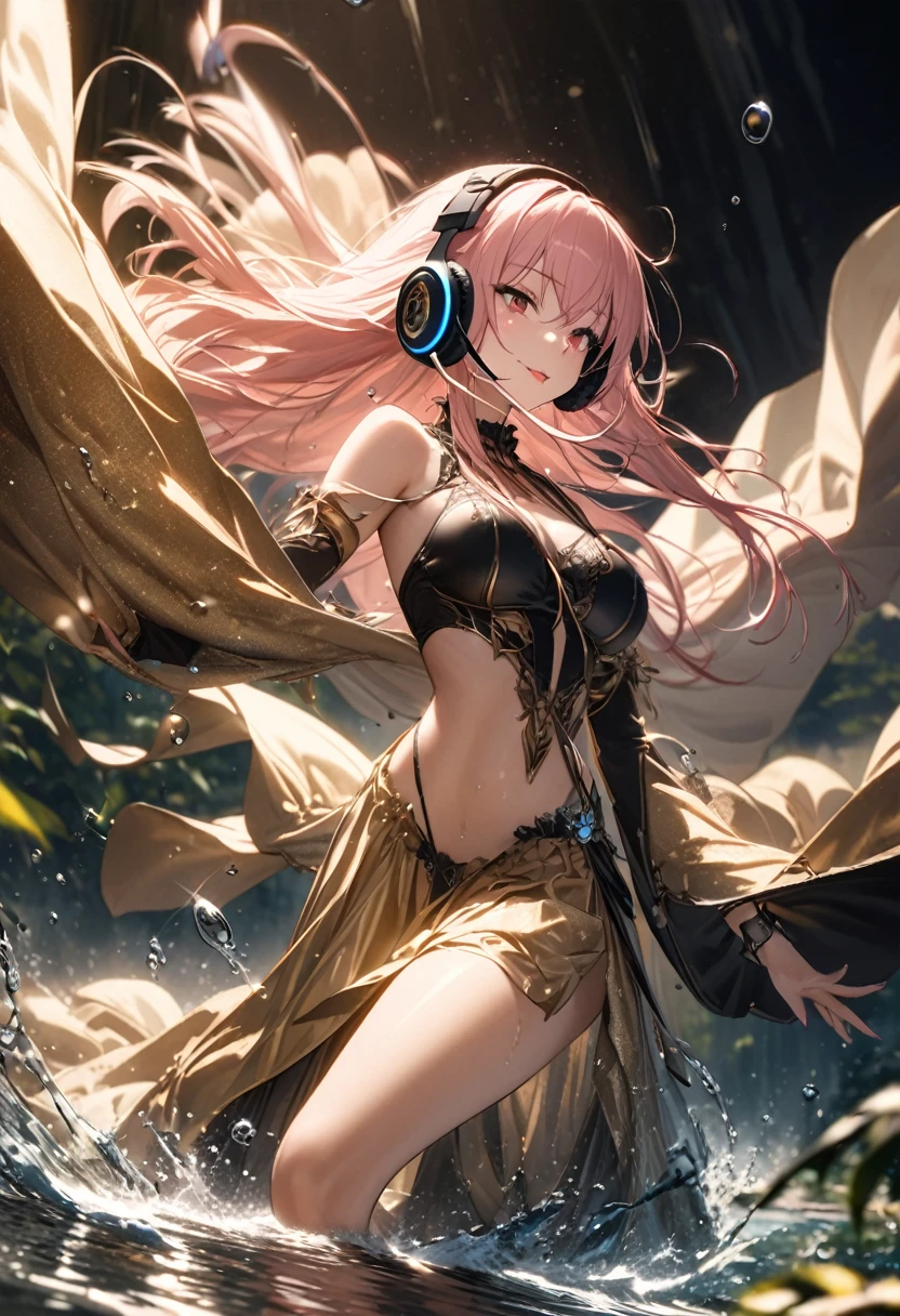 best quality, super fine, 16k, incredibly absurdres, extremely detailed, 2.5D, delicate and dynamic depiction, Megurine Luka, Vocaloid character, cool and stylish headphones, holding Elvis-Mic, attractive and seductive expression, glamorous slender body, singing a grand and majestic ballad against the backdrop of nature, very beautiful effects, (water droplets, gold dust, image processing that makes it look like a stop-motion scene), (motion blur, action blur:0.5)