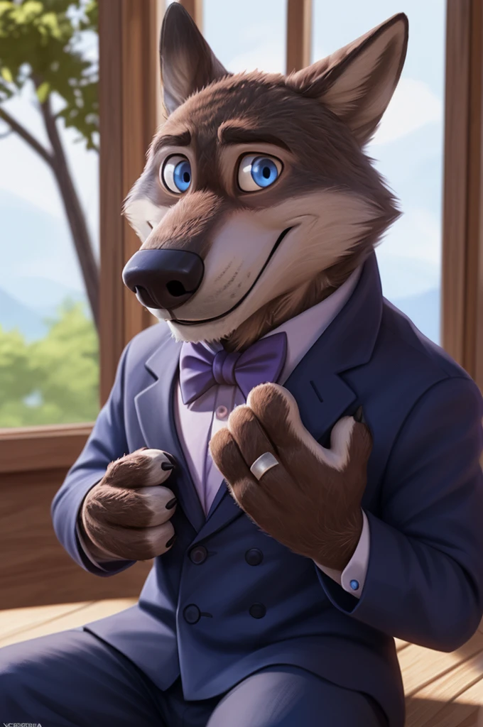 Larry (Zootopia), wolf, Gray Fur, (brown body:1.3), beautiful blue eyes, Zootopia, dressed,blazer,pink shirt,trousers,bow tie,бутоньерка groomа,canine,wolf, Detailed fur, male, antro, paw pads, finger claws, Plays,at viewer, 5 fingers, paws, 4 toes, in the marriage palace, groom,ring on a finger, 
BREAK from nextel, for dating, by xenoforge, (difficult, high detail,digital photography, soft focus, RAW, close to the camera, smile, positive, good, mood, Houses, looks at the viewer, очень close to the camera, sitting on holding colors, bow tie, 
Photorealism, realistic, photorealistic,digital style, Subsurface scattering,очень close to the camera бутоньерка groomа, на blazerе smile смех ждет невесту, 
masterpiece, Best quality, ultra realistic, 8 k)