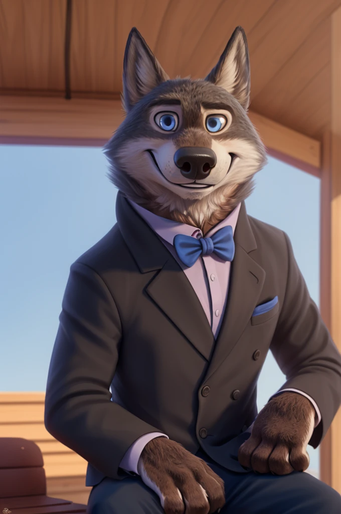 Larry (Zootopia), wolf, Gray Fur, (brown body:1.3), beautiful blue eyes, Zootopia, dressed,blazer,pink shirt,trousers,bow tie,бутоньерка groomа,canine,wolf, Detailed fur, male, antro, paw pads, finger claws, Plays,at viewer, 5 fingers, paws, 4 toes, in the marriage palace, groom,ring on a finger,
BREAK from nextel, for dating, by xenoforge, (difficult, high detail,digital photography, soft focus, RAW, close to the camera, smile, positive, good, mood, Houses, looks at the viewer, очень close to the camera, sitting on holding colors, bow tie,
Photorealism, realistic, photorealistic,digital style, Subsurface scattering,очень close to the camera бутоньерка groomа, на blazerе smile смех ждет невесту,
masterpiece, Best quality, ultra realistic, 8 k)