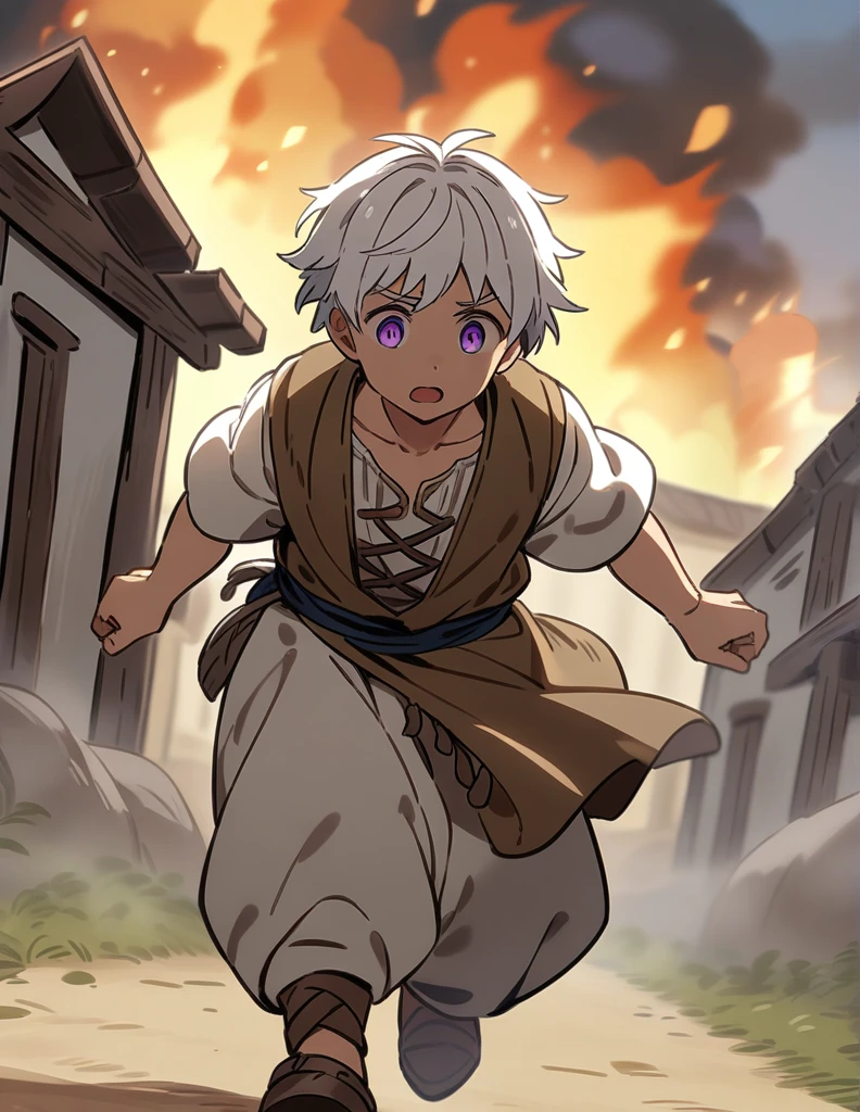 little Greek boy with white hair, violet eyes, wearing peasant clothes, desperate and running alone through his burning village