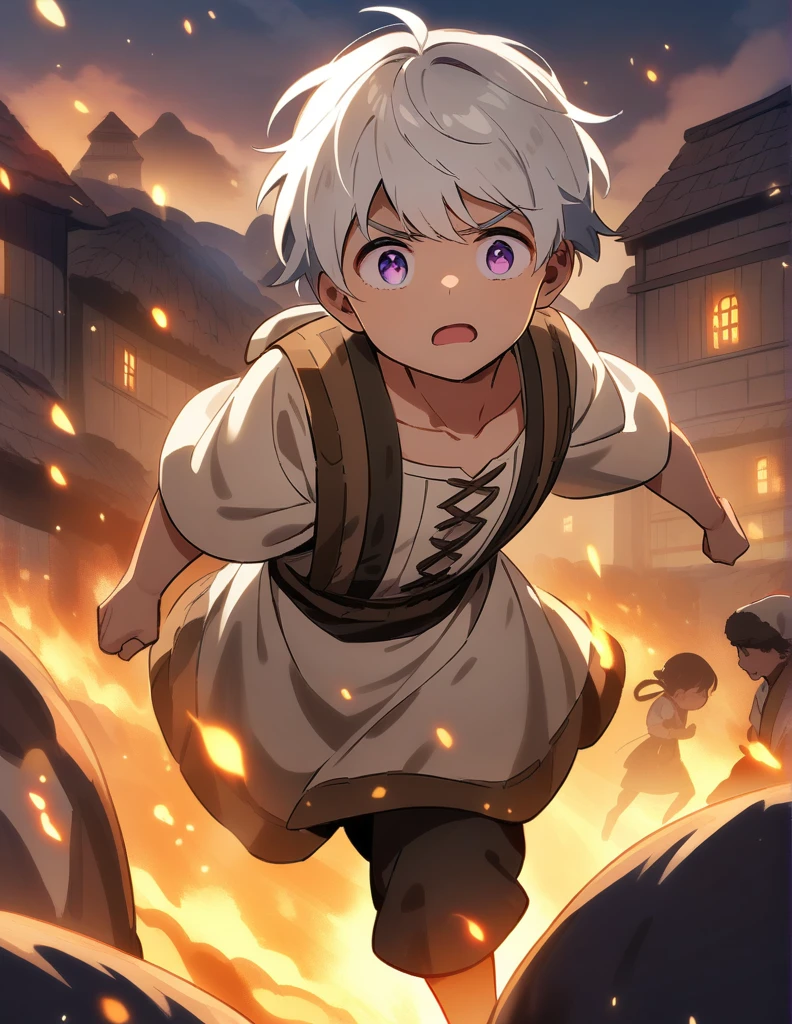 little Greek boy with white hair, violet eyes, wearing peasant clothes, desperate and running alone through his burning village