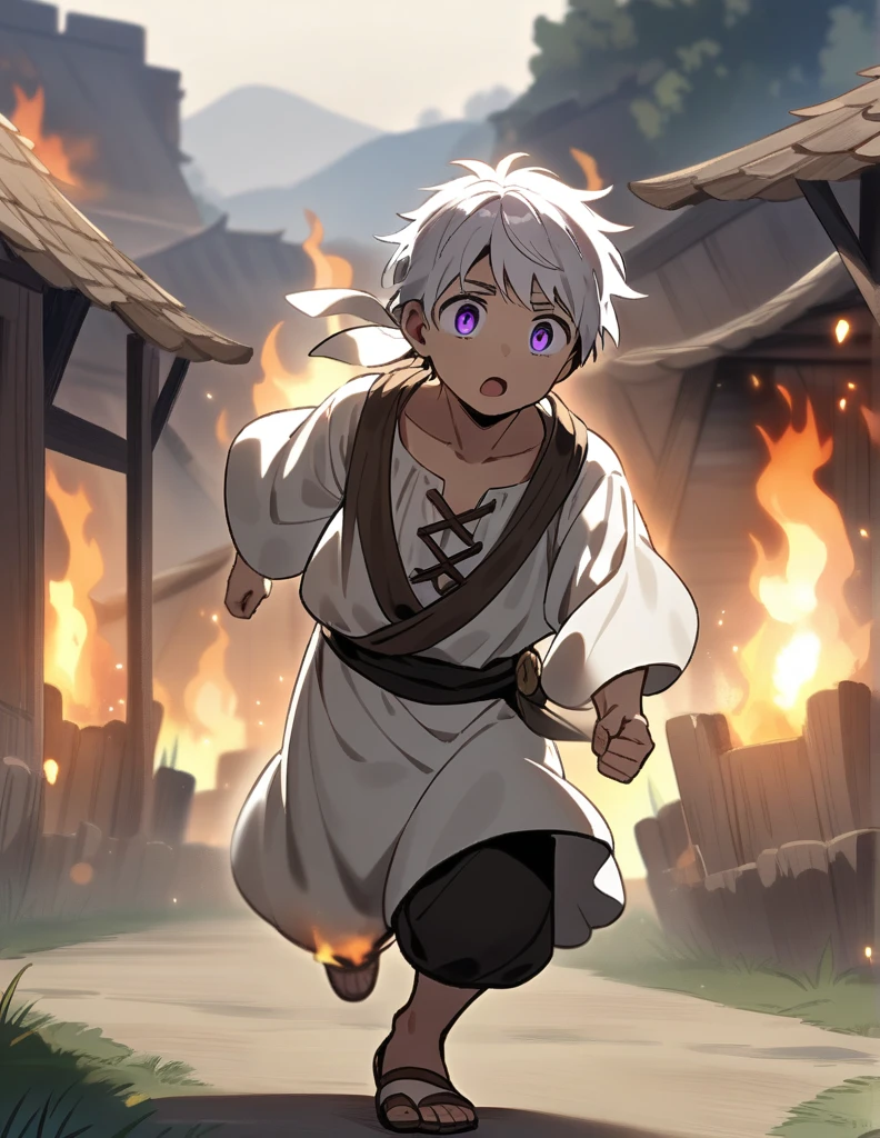 small Greek boy with white hair, with violet eyes, with torn and dirty clothes, on his knees with open arms and chained to two stakes