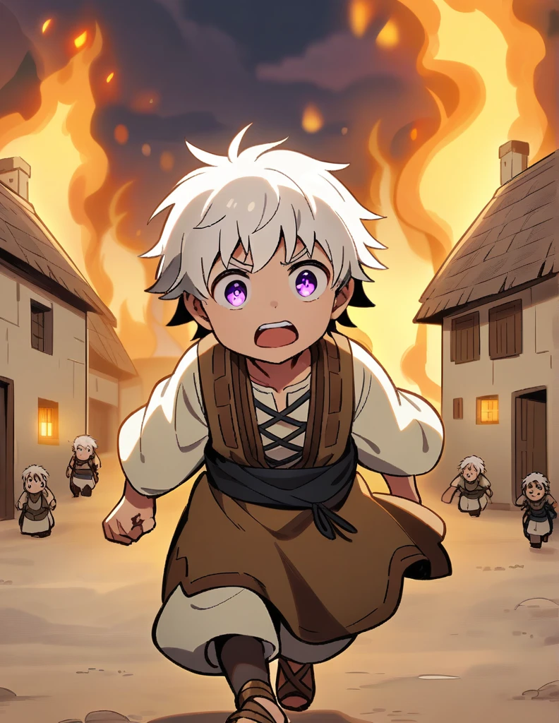 little Greek boy with white hair, violet eyes, wearing peasant clothes, desperate and running alone through his burning village