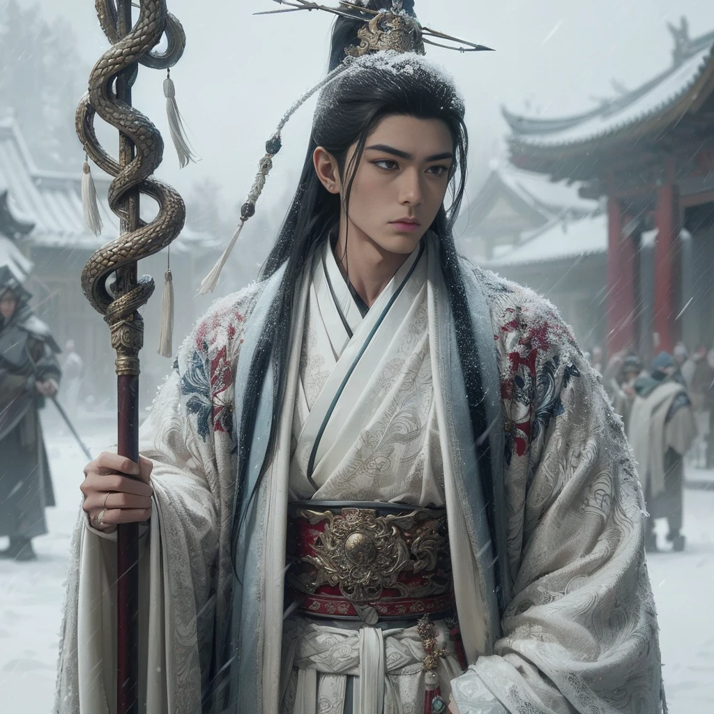 (Masterpiece:1.2), (Best Quality:1.2), (high resolution:1.2), (beautiful face and eye:1.2), (sharpest focus:1.2), (Ultra-realistic Photo:1.2), (Ultra-precise Photo:1.2), (Depth of field:1.2), (perfect anatomy:1.2), (nice hands:1.2),
(perfect hands:1.2), (five fingers:1.2), (Young, fearless, beautiful, shady Chinese man:1.0), ( Chinese warrior with spear:1.0), (Neatly trimmed short beard and tied hair:1.0), (Blazing Chinese period drama style fortress:1.0),
(long spear with serpentine blade and ornate decoration:1.0), (white tsubakuhiro cap and cloak:1.0), (white armor with red, blue, and yellow coloring:1.0), (snowstorm:1.0), (melancholy expression:1.0), (picturesque standing figure:1.0),