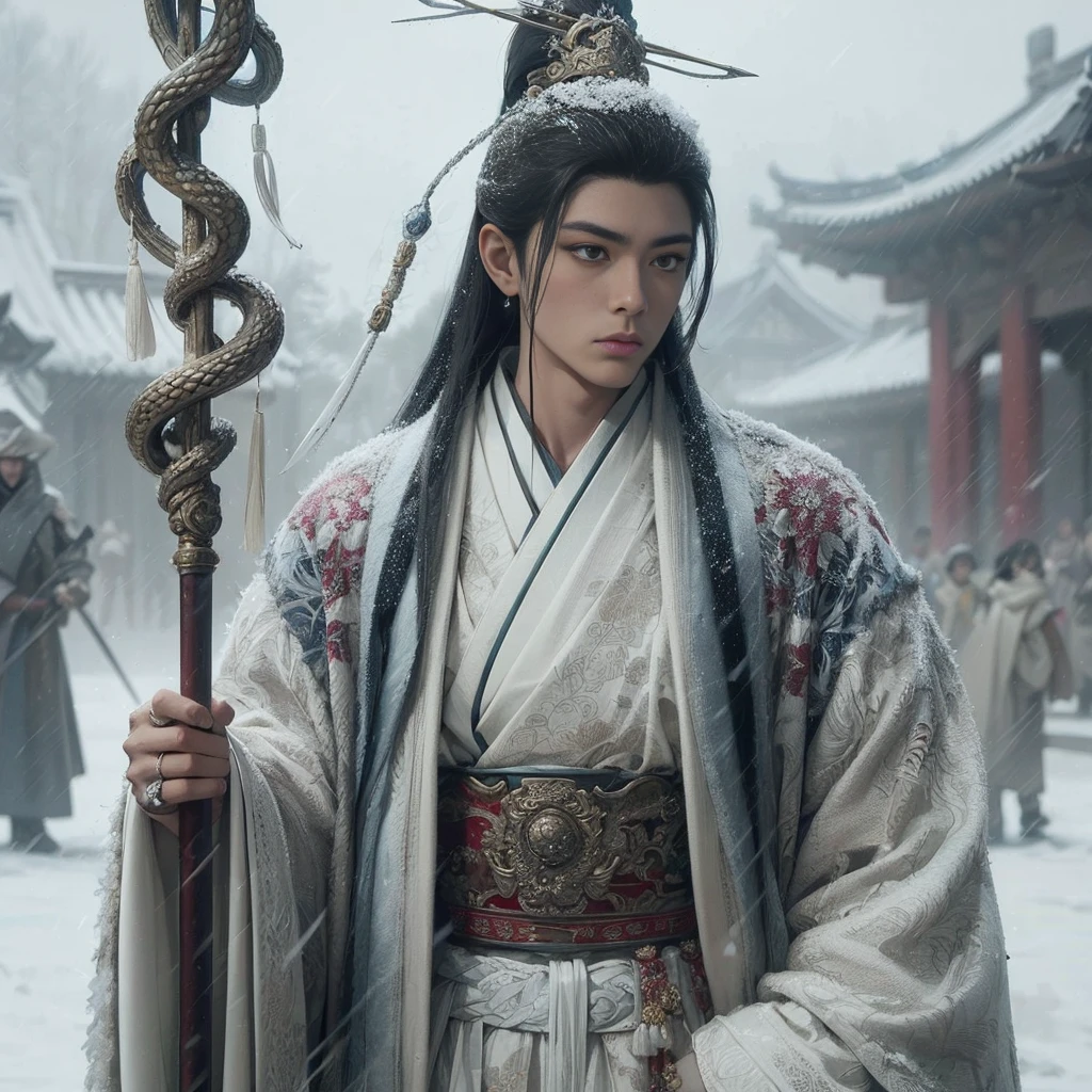 (Masterpiece:1.2), (Best Quality:1.2), (high resolution:1.2), (beautiful face and eye:1.2), (sharpest focus:1.2), (Ultra-realistic Photo:1.2), (Ultra-precise Photo:1.2), (Depth of field:1.2), (perfect anatomy:1.2), (nice hands:1.2),
(perfect hands:1.2), (five fingers:1.2), (Young, fearless, beautiful, shady Chinese man:1.0), (Lonely Chinese warrior with spear:1.0), (Neatly trimmed short beard and tied hair:1.0), (Blazing Chinese period drama style fortress:1.0),
(long spear with serpentine blade and ornate decoration:1.0), (white tsubakuhiro cap and cloak:1.0), (white armor with red, blue, and yellow coloring:1.0), (snowstorm:1.0), (melancholy expression:1.0), (picturesque standing figure:1.0),