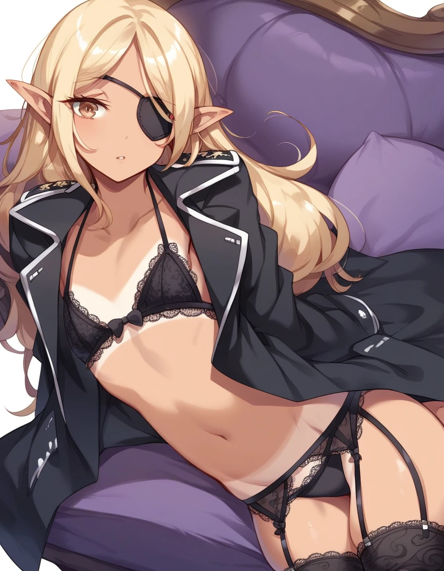 BREAK Perfect Anatomy、(High resolution:1.2)、Incredible illustrations、(Cute illustrations:1.2)、（Beautiful background）(nsfw) (Beautiful background,(on the couch))1gial((blonde hair,shiny hair,hair intakes:1.8,wavy long hair)(cockslut) (Black coat,Gothic combat uniform,Silk Sexy Lingerie,slut,garter straps,pointy ears,bikini tan:1.7),eyepatch:1.8,oversized clothes) half undress),,(a girl, height 1.5meters, 40kg),,17-year-old,flat chest）((undressing,open clothes,oversized clothes))