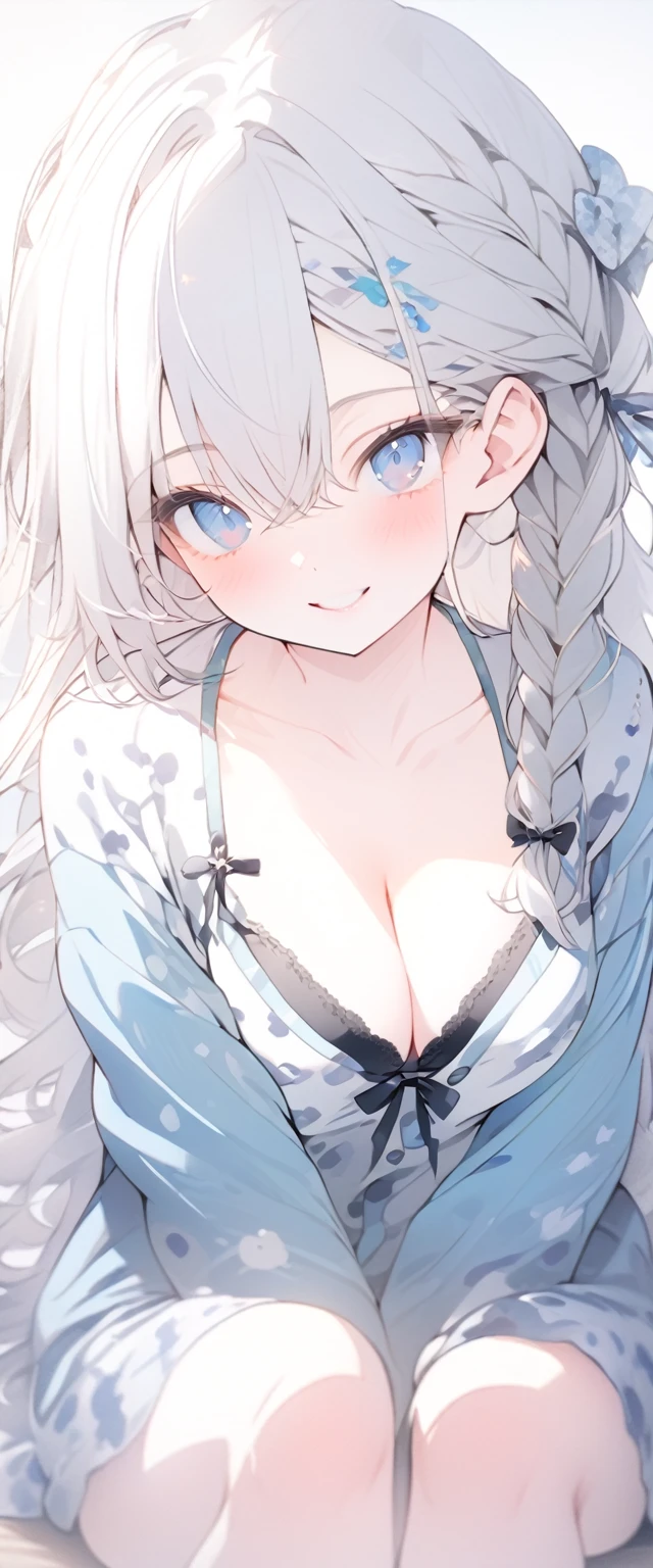 beautiful, masterpiece, Highest quality, anime, One girl,Portrait Shot, View your viewers, Covered、Long Hair、nearby、Blue Eyes、art、White hair,black streaked hair、Thighs、Braid、Bright、smile、、Cleavage、Sitting cross-legged、barefoot、pajamas、pajamasの下_bra