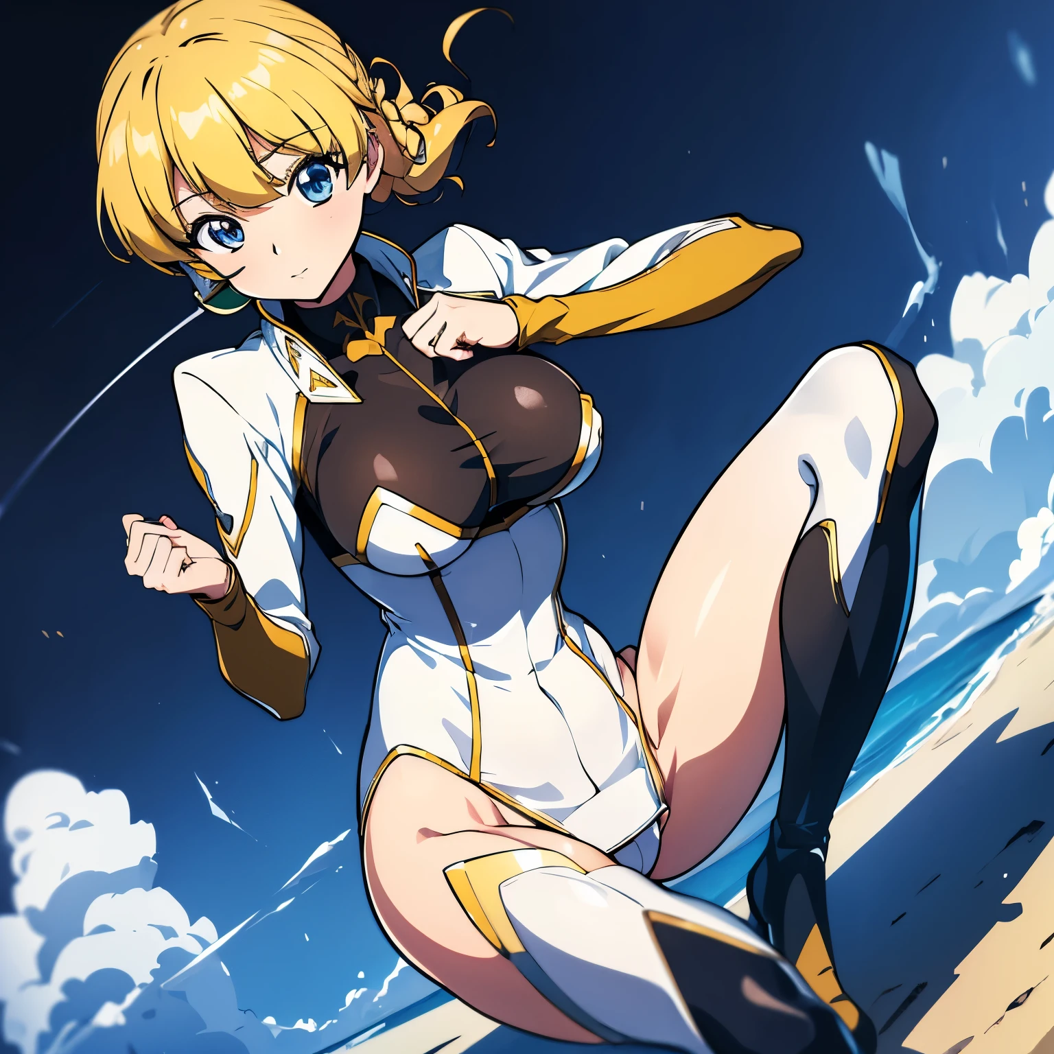 ultra-detailed, Explicit, Beautiful body, Beautiful Nose, Beautiful character design, perfect eyes, perfect face, ultra highres, 4K, beautiful legs, perfect legs, Nice hands, Perfect hand, Masterpiece, Best Quality, Highly detailed, illustration, absurdres, perfect anatomy, BOOTS, THIGH BOOTS, BODYSUIT, LEOTARD, HEADSET, absurdres, highres, solo, cowboy shot, 1girl, perfect hands, wind, (highres,best_quality,masterpiece), hair ornament, large breast, huge breast, darjeeling \(girls und panzer\), darjeeling_a, short hair, braid, bangs, blonde hair, blue hair