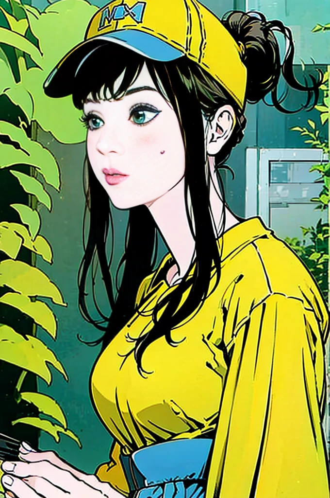 Blue baseball cap、Yellow polo shirt、Sweaty、Upper Body、Large Breasts:1.2、girl、ponytail、Black Hair、sunny、garden
