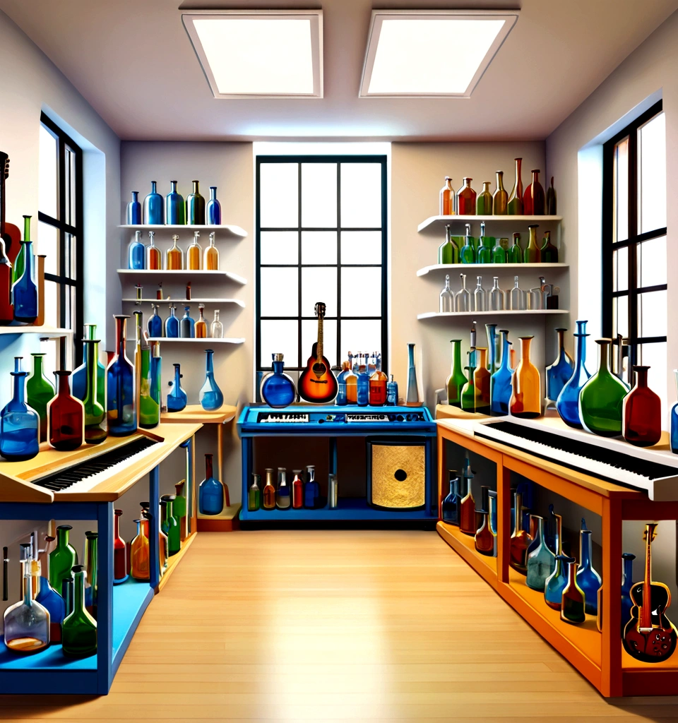 Masterpiece; Guitars and drums in a small science lab(((several science bottles around the room))); (guitars and musical keyboards inside science bottles) World map on the wall. sciencie complete with speakers and glass flasks of chemistry, embody the resilience and tenacity of the scientific community, infused with a bold graphic allure that enlivens the spirit of science. The design penetrates layers of depth, integrating the raw essence and vibrant cores of Rio de Janeiro culture. Brushstrokes that incorporate the fluid energy of graffiti on guitars and acoustic guitars weave around dynamic geometric shapes, adorning the laboratories with an evocative masterpiece that speaks to the heart of the intersection between two diverse worlds. Majestically rendered in high definition and vibrant color, every detail bursts with life, inviting viewers to marvel at the beauty that; by Salvador Dali
