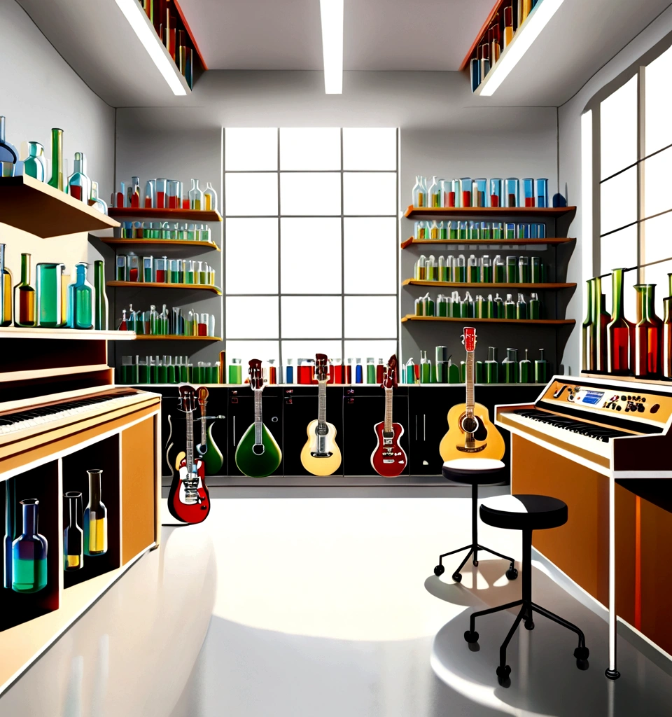 Masterpiece; Guitars and drums in a small science lab(((several science bottles around the room))); (guitars and musical keyboards inside science bottles) World map on the wall. sciencie complete with speakers and glass flasks of chemistry, embody the resilience and tenacity of the scientific community, infused with a bold graphic allure that enlivens the spirit of science. The design penetrates layers of depth, integrating the raw essence and vibrant cores of Rio de Janeiro culture. Brushstrokes that incorporate the fluid energy of graffiti on guitars and acoustic guitars weave around dynamic geometric shapes, adorning the laboratories with an evocative masterpiece that speaks to the heart of the intersection between two diverse worlds. Majestically rendered in high definition and vibrant color, every detail bursts with life, inviting viewers to marvel at the beauty that; by Salvador Dali