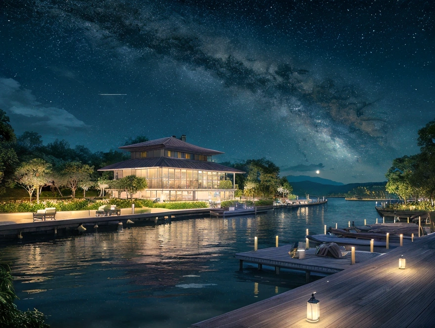 painting of a neon moonlight,Starry Sky、Dock area, Bougainville décor , 4K High Definition, moonlight, Xia Yun,Ocean, moonlight reflection,Beautiful Art UHD 4K, Beautiful artwork illustration, Beautiful digital painting, Highly detailed digital painting, Beautiful digital art, Detailed painting 4k, Highly detailed digital painting, Rich, picturesque colors, Gorgeous digital painting