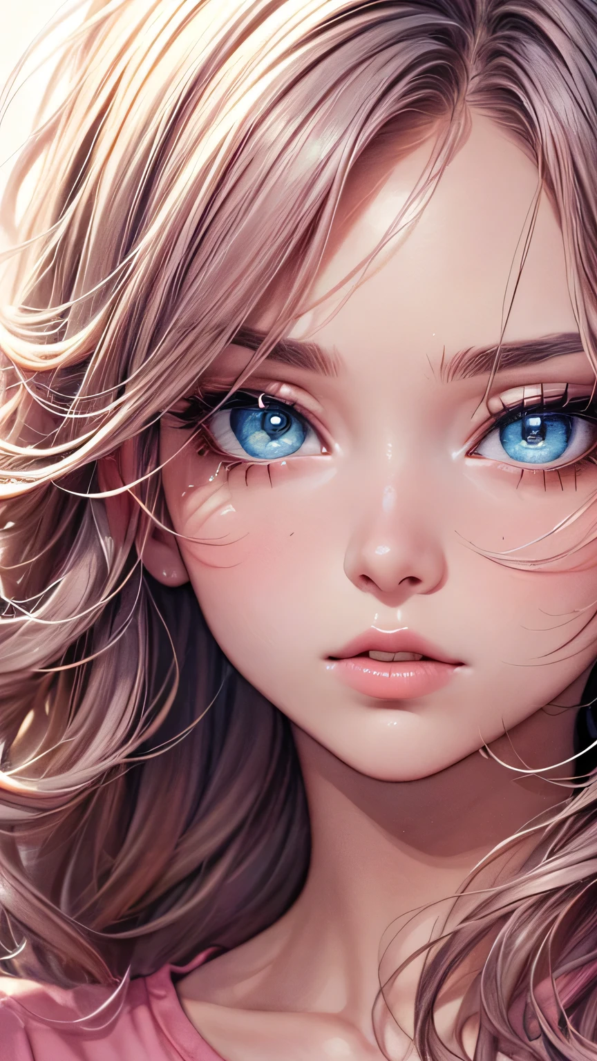 (masterpiece),(Highest quality:1.1),(Super detailed),Best illustrations,In detail,(Portraiture:1.1),(Intense close-up),(Watercolor),floating,One girl,solo,slim,(Very delicate and beautiful face),(Beautiful eyes in every detail),Pink thick lips,(Disheveled Hair),(Wearing a loose pink T-shirt),Soft and lazy,4K