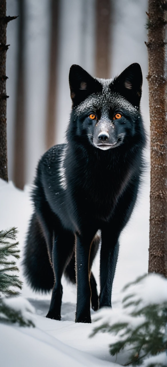 Black fox with gray eyes in a snowy forest