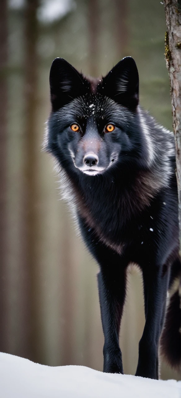Black fox with gray eyes in a snowy forest
