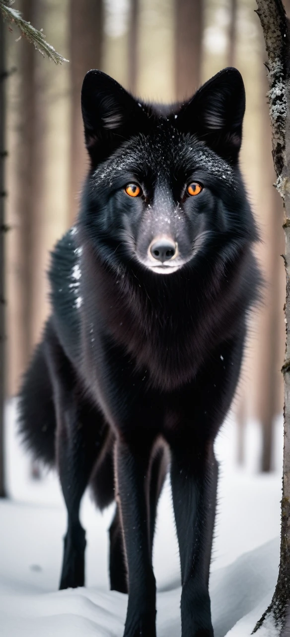 Black fox with gray eyes in a snowy forest