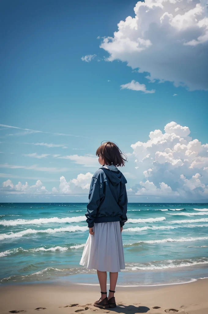 Cloudy,One Girl,Standing with your back,Looking out at the sea on a rural beach,Sad mood,White sand beach