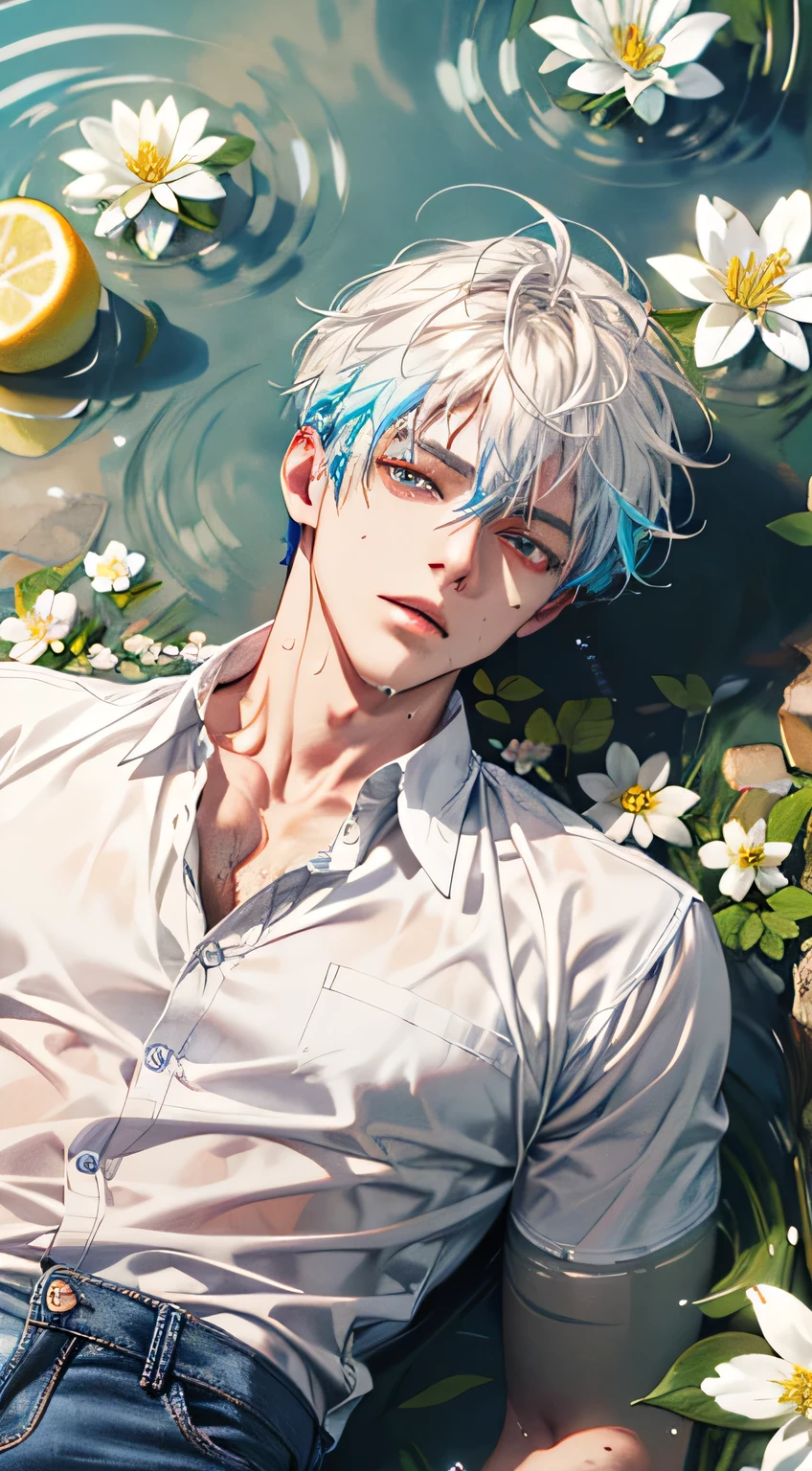 (absurdity, A high resolution, ultra detailed), 1 man, Beautiful, tall muscular guy, mature, (Pond filled with lemon slices and white flowers.), man, lying comfortably on your back, right from above, (White shirt, jeans), Wet, Colorful, art, depth of field, Focus on his face,calm facial features, lemon slices around the face
