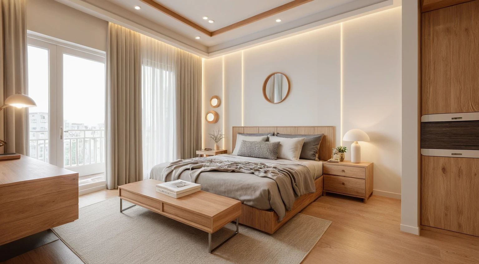 Interior Design, (INTERIOR DESIGN APARTMENT JAPANDI), (JAPANDI furniture design), (space that realistically describes the JAPANDI interior of a townhouse), (soft warm led light), (circle spotlight), (indoor), (neutral white tone color), (white wall), (An Cuong Wooden Furniture JAPANDI Style), (An Cuong wood with MDF surface glued with melamine coating), (architectural design visualization), (reflection), (focus on object), (material normal bump real reflection), (multi-level reflection), (chao vantage software visualization render),(((Best Quality))), ((Masterpiece)), ((best illustration)), ((best shadows)), (( Super Detail)), (Intricate lines), (Photorealism),(hyper detail), ((archdaily)), ((award winning design)), (dynamic light), ((spotlight)), (perfect light), ( shimering light), ((photorealistic)), ((intricate detail)), ((extreme detail)), ((crazy detail)), ((octane render)), ((trending on artstation)), ((High- fidelity)), ((Viwvid)), ((Crisp)), ((Bright)), ((Stunning)), ((Eye-catching)), ((High-quality)),((Sharp)), ((day sun environment)), ((Illuminating)), ((Flawless)), ((High-quality)),((Sharp edge render)), ((medium soft lighting)), ((photographic render)) , ((detailed archviz)), ((reality environment))