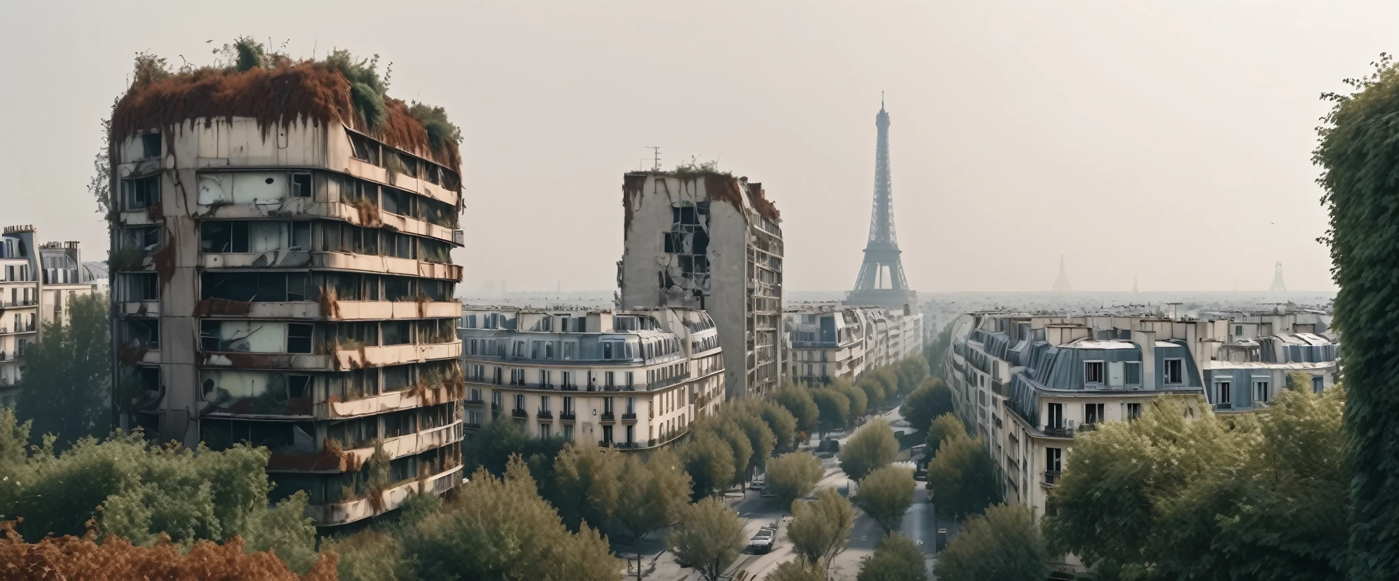 Futuristic photograph of Paris after the rapture, abandoned city, vegetation, collapsed buildings, rust colors, hazy, foggy, end of the world, sharp details and lines