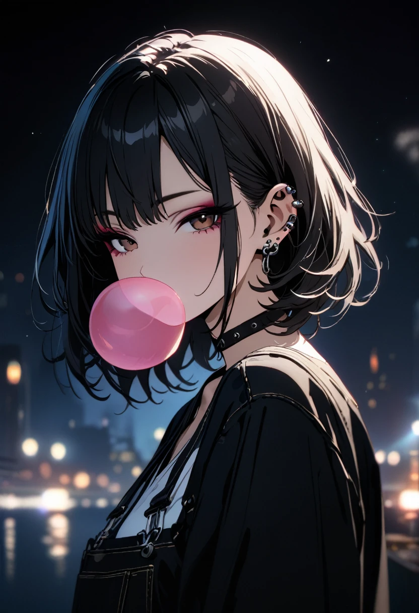 (8k, masterpiece, best quality, ultra-detailed, an extremely delicate and beautiful, official style, depth of field, highly detailed, very aesthetic, intricate, overall detail, perfect anatomy), (night, faint light), looking at viewer, upper body, 1girl, solo, black hair, brown eyes, medium hair, half-closed eyes, eyeshadow, faint lips, (ear piercing, industrial piercing), black jacket, white shirt, black choker, black nail, silver ring, (chewing gum, blowing bubbles), gleaming skin
