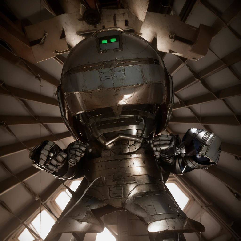Cinematic film still Small deformation of JaspionQuiron in a rusty shipyard, haunting silence, action hero pose, shiny armor, . Shallow depth of field, vignettes, highly detailed, high budget Hollywood movies, blur, cinemascope, mood, epic, gorgeous, film grain, grainy.