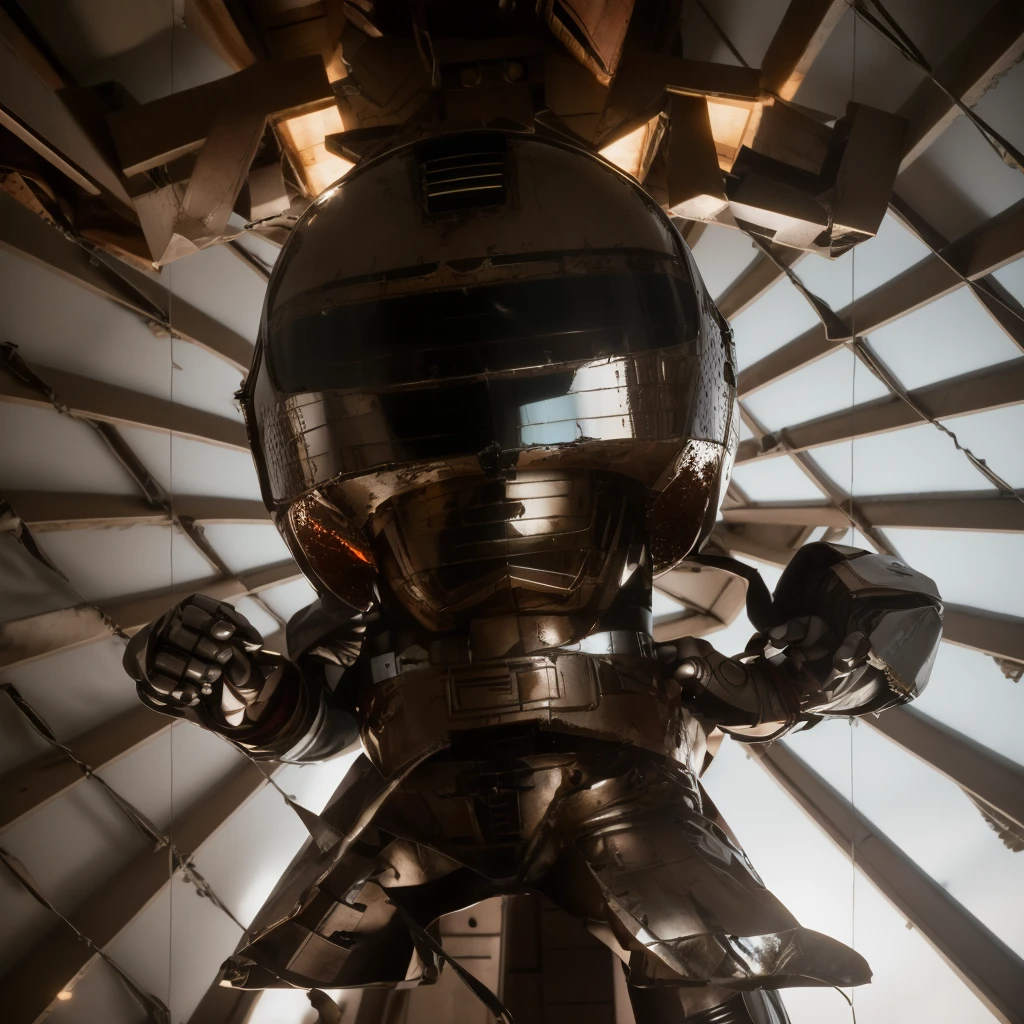 Cinematic film still Small deformation of JaspionQuiron in a rusty shipyard, haunting silence, action hero pose, shiny armor, . Shallow depth of field, vignettes, highly detailed, high budget Hollywood movies, blur, cinemascope, mood, epic, gorgeous, film grain, grainy.
