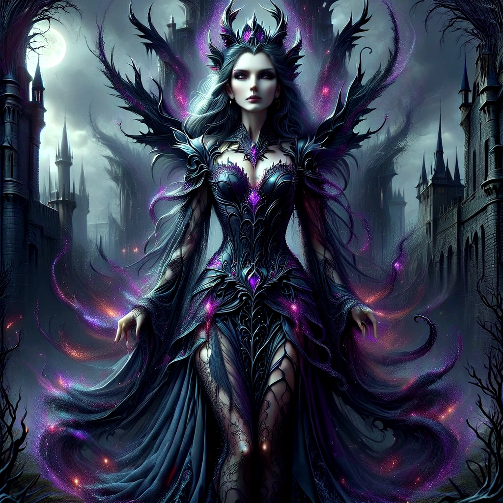 a woman in a gothic dress standing in front of a castle, gothic fantasy art, fantasy dark art, dark fantasy art, gothic maiden of the dark, dark fantasy style art, in style of dark fantasy art, gothic art, gothic fantasy, beautiful elegant demon queen, dark fantasy artwork, gothic maiden, goddess of the underworld, dark sorceress full view