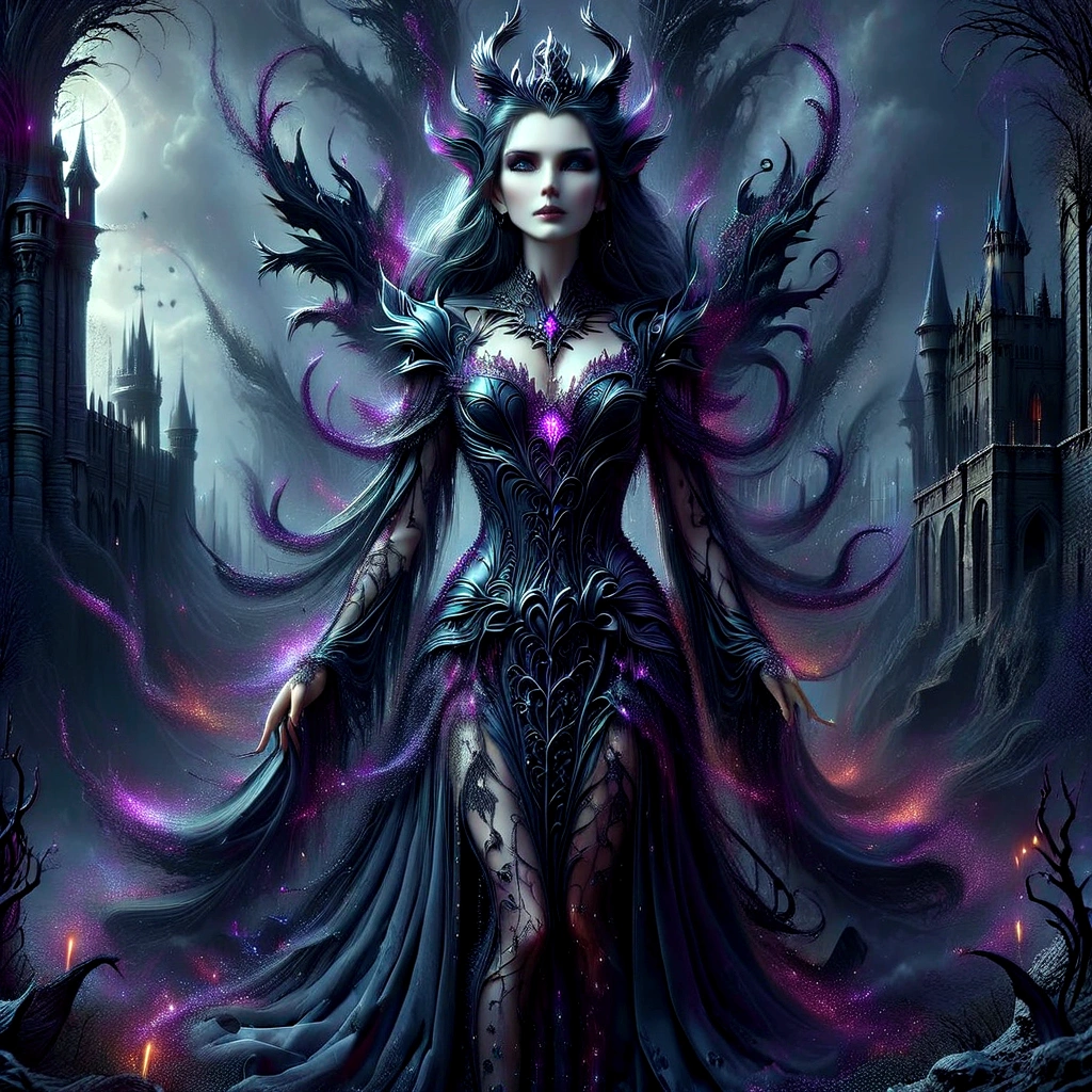 a woman in a gothic dress standing in front of a castle, gothic fantasy art, fantasy dark art, dark fantasy art, gothic maiden of the dark, dark fantasy style art, in style of dark fantasy art, gothic art, gothic fantasy, beautiful elegant demon queen, dark fantasy artwork, gothic maiden, goddess of the underworld, dark sorceress full view