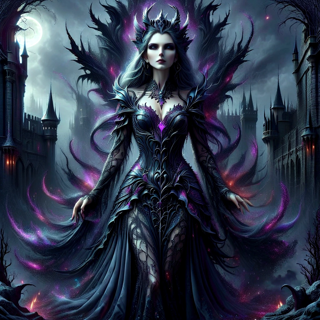 a woman in a gothic dress standing in front of a castle, gothic fantasy art, fantasy dark art, dark fantasy art, gothic maiden of the dark, dark fantasy style art, in style of dark fantasy art, gothic art, gothic fantasy, beautiful elegant demon queen, dark fantasy artwork, gothic maiden, goddess of the underworld, dark sorceress full view