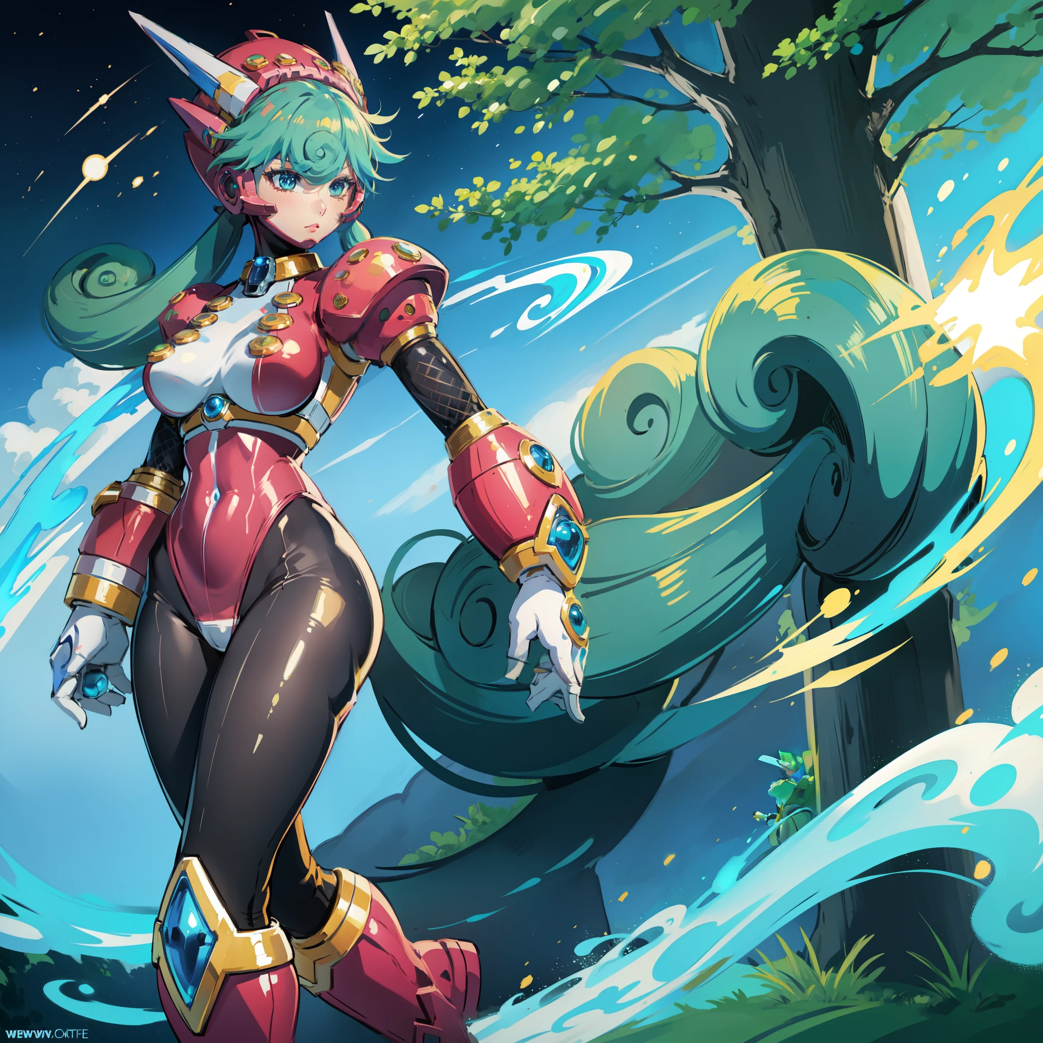 marino_megamanx, 1girl, green hair, blue eyes, ponytail, detailed face, breasts, high quality, masterpiece, standing with green flames coming from a tree