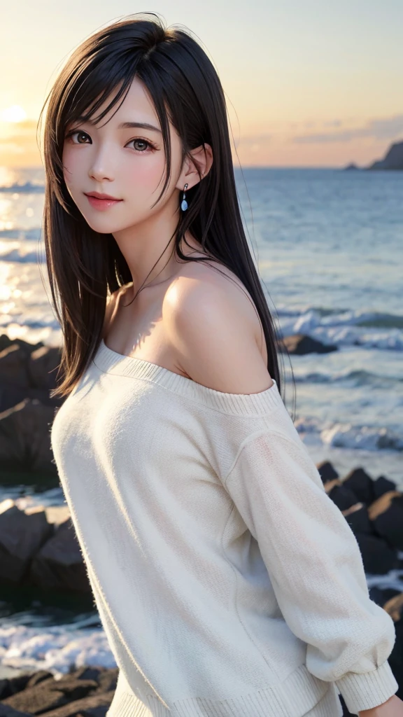 {Top Quality, Masterpiece}, (Realistic: 1.3), Wallpapers, ultra high res, ultra high quality, BREAK {{{FF7,Tifa_lockhart, solo}}},{Ultra-detailed face, Detailed Red eyes},(black Brown Hair, Large breasts: 1.0),(Imaginative Macanese Female Page, background is Unique seaside, at Sunrise), BREAK {wearing oversized loose sweater, off shoulder, Exquisite cloth, white Clothes}, clothed, (No Bra) ,(shiny oiled skin: 1.1), about 18 years old, BREAK {smile, kawaii},{{gravure pose}}, {{erotic eyes, erotic mouth, erotic face}}