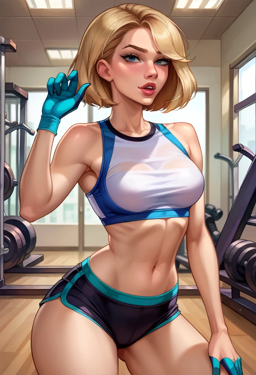 score_9, score_8_up, score_7_up, source_cartoon, BREAK 1girl, solo, short hair Gwen Stacy, looking at viewer, parted lips, (gym shorts and batwing top:1.1), mature woman, highly detailed face, highly detailed hands, beautiful woman, in her bedroom, model poses