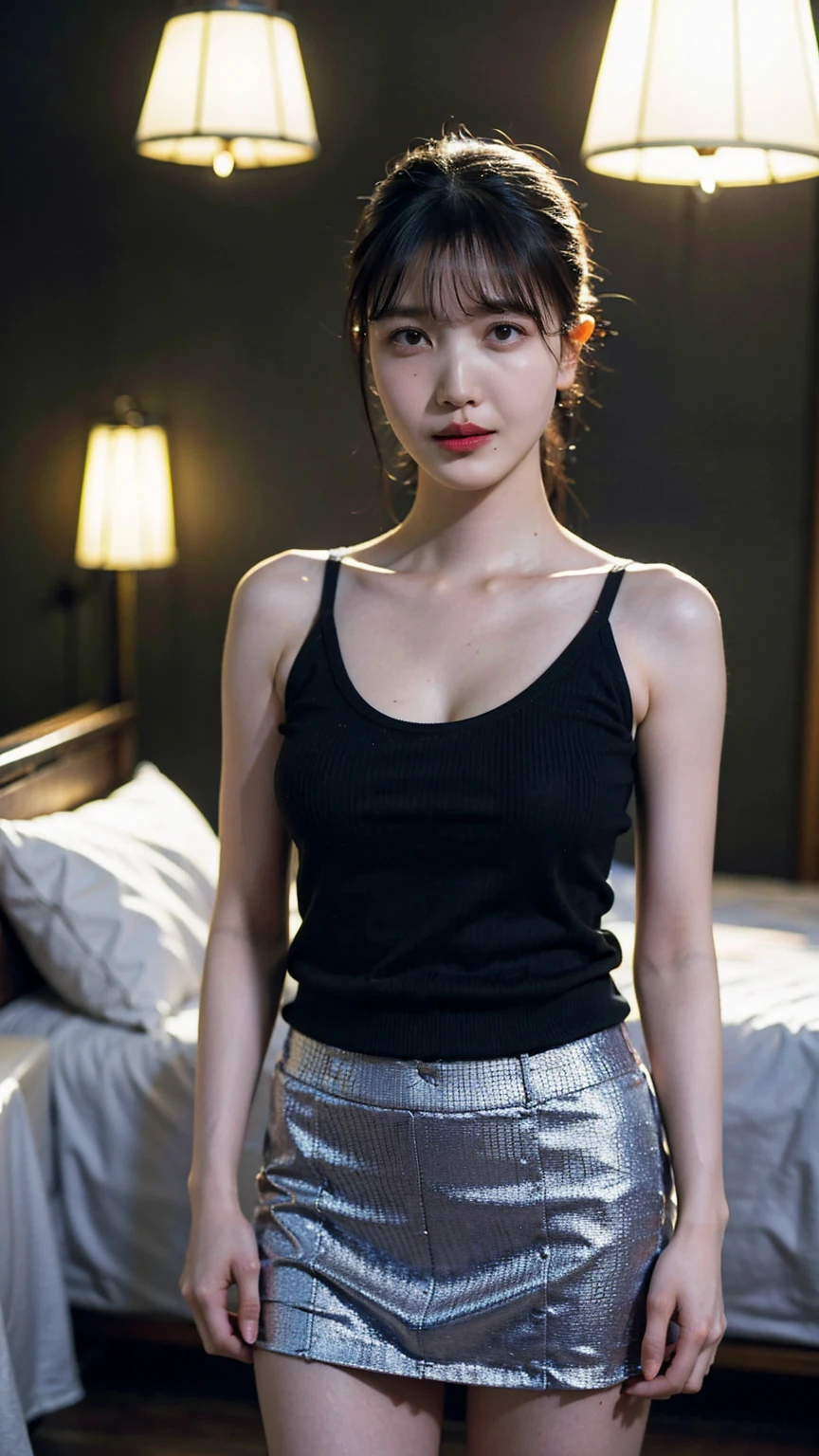 1girl, woman, masterpiece, best quality, highest quality, cinematic lighting, (volumetric lighting), extremely detailed CG unity 8k wallpaper, focused, 8k wallpaper, extremely detailed, ultra realistic, photorealistic, sharp focus, absurdres, (HDR:1.2), (high contrast), photograph, detailed and intricate, instagram, portrait, highly detailed, digital painting, artstation, concept art, smooth, sharp focus, illustration, cinematic lighting, ((Natural big breast, cleavage)), (((eyes looking at the viewer))), ((medium shoulder)), (skinny legs), (slender body), ((height 165cm)), (HQ skin:1.4, Realistic human body structure), (Longshot), (wearing knit tank top, short skirt), ((standing)), (Medium hair))