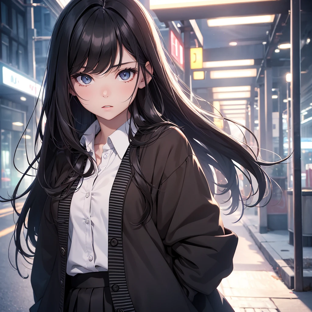 (8K, Best Quality, Masterpiece, Ultra High Resolution) 1Girl, Teen, Young, Cute, Slender, Beautiful Eyes, Face Details, Long Black Hair, Hazel Eyes, Pale Skin, Wearing School Outfit, Cardigan, Standing Outside at Night, Best Quality, Upper Body, Looking at the Viewer, Facing Viewer, Close Up