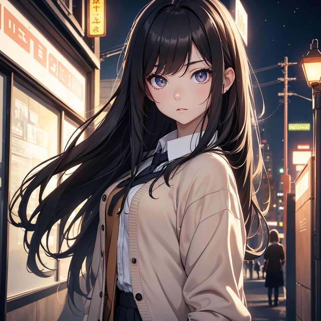 (8K, Best Quality, Masterpiece, Ultra High Resolution) 1Girl, , Young, Cute, Slender, Beautiful Eyes, Face Details, Long Black Hair, Hazel Eyes, Pale Skin, Wearing School Outfit, Cardigan, Standing Outside at Night, Best Quality, Upper Body, Looking at the Viewer, Facing Viewer, Close Up