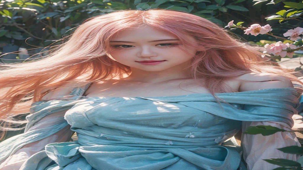Rosé from blackpink, girl,hair blowing in the wind,flowing dress,playing Piano,beautiful detailed eyes, dreamy expression,soft sunlight,artistic portrait,photorealistic,bokeh,vivid colors,creative lighting,romantic atmosphere,floral elements,ethereal beauty,waist-length hair,peaceful and serene,enchanted garden,delicate features,pure and innocent,lush greenery,fantasy world,magical ambiance,impressionist painting style