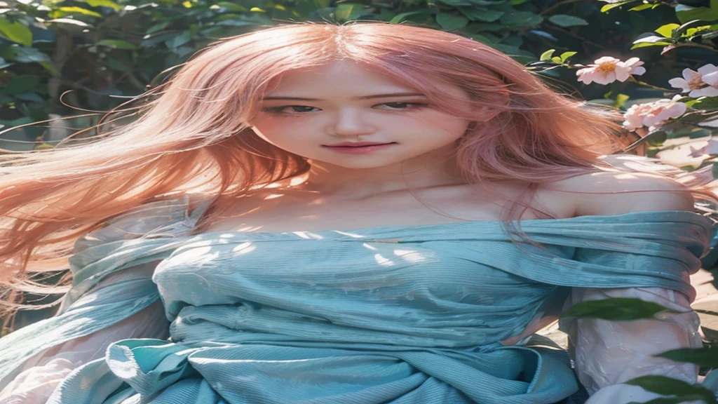 Rosé from blackpink, girl,hair blowing in the wind,flowing dress,playing Piano,beautiful detailed eyes, dreamy expression,soft sunlight,artistic portrait,photorealistic,bokeh,vivid colors,creative lighting,romantic atmosphere,floral elements,ethereal beauty,waist-length hair,peaceful and serene,enchanted garden,delicate features,pure and innocent,lush greenery,fantasy world,magical ambiance,impressionist painting style