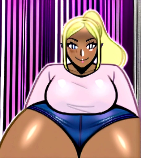 girl is curvy with thick thighs and wide holips, a big thick ass, massive ass, fat ass, one guy with dark skin, Girl is sitting on guy's lap, guy sitting down, She is wearing jean shorts, She is blushing and he is smirking, girl has blonde hair in a ponytail, his hand is on her hip, he's groping her