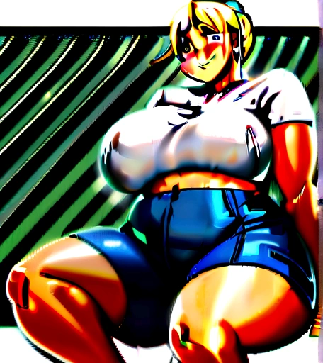 girl is curvy with thick thighs and wide holips, a big thick ass, massive ass, fat ass, one guy with dark skin, Girl is sitting on guy's lap, guy sitting down, She is wearing jean shorts, She is blushing and he is smirking, girl has blonde hair in a ponytail, his hand is on her hip, he's groping her