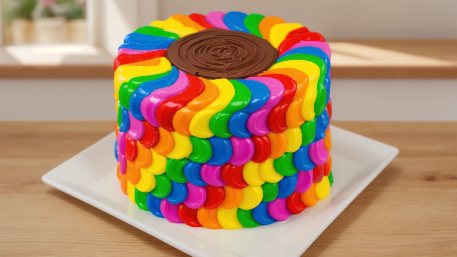 on a wooden table. there is a square white plate. rainbow cream cake. smears of cream in a checkerboard pattern, hole with chocolate drips on top,  ((cream highlights)), against the background of the kitchen, Kitchenware, vases with plants, Beautiful light from the window, contour light, Multiple light sources, beautiful sunlight, Bright light source, bright lighting, beautiful light sources, Multiple light sources, Realistic style , realistic texture, detailed texture, A high resolution, high quality, macro photography 