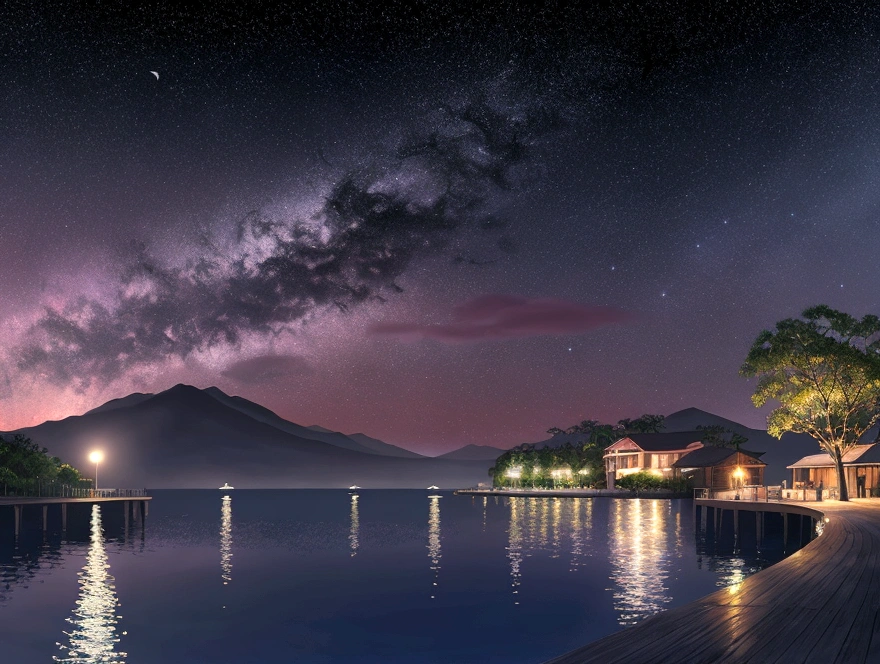 painting of a neon moonlight,Starry Sky、Dock area, Bougainville décor , 4K High Definition, moonlight, Xia Yun,Ocean, moonlight reflection,Beautiful Art UHD 4K, Beautiful artwork illustration, Beautiful digital painting, Highly detailed digital painting, Beautiful digital art, Detailed painting 4k, Highly detailed digital painting, Rich, picturesque colors, Gorgeous digital painting