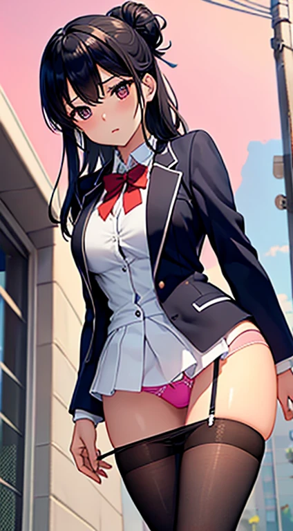 uniform、blazer、(((Panty shot)))、Beautiful Girl Magician、Black Hair Updo、((whole body))、(((Photo taken from below)))、school gate