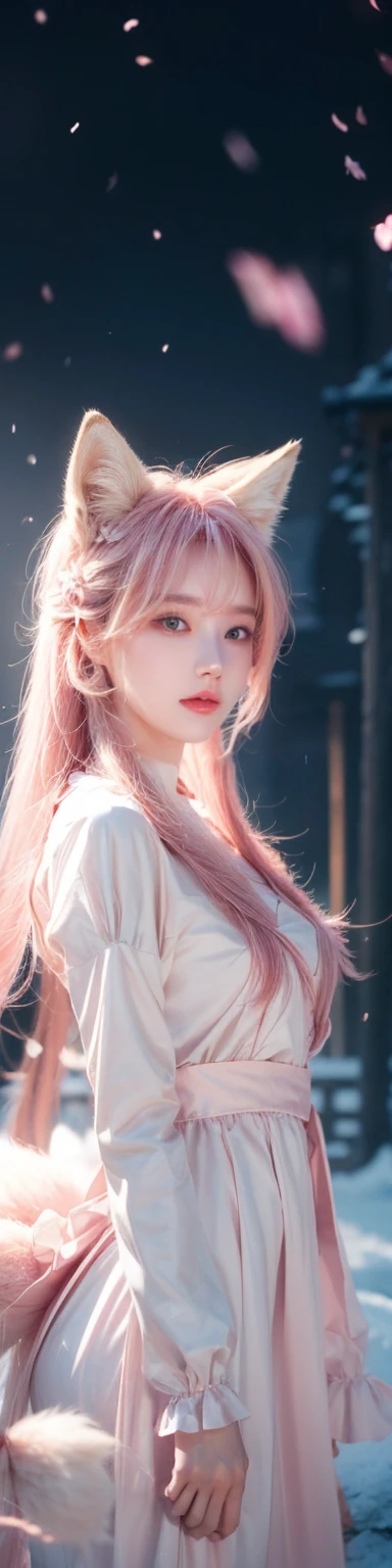 Nine snow-white fox tails (1.0), Milky white fox tail (1.0), Nine-tailed fox close-up, Nine Tails, Nine Tails, Pink Hair、Wearing a pink dress、Anime girl with flowers in her hair, very Beautiful anime fox girl, Beautiful anime fox girl, Beautiful fantasy anime, Gu Weiss, Anime girl with fox ears, Beautiful anime girl, Very beautiful and cute fox girl, Pink flower rain, Background blur, Anime style 4k, Anime Fantasy Artwork, 4k anime wallpaper, Guvez-style artwork