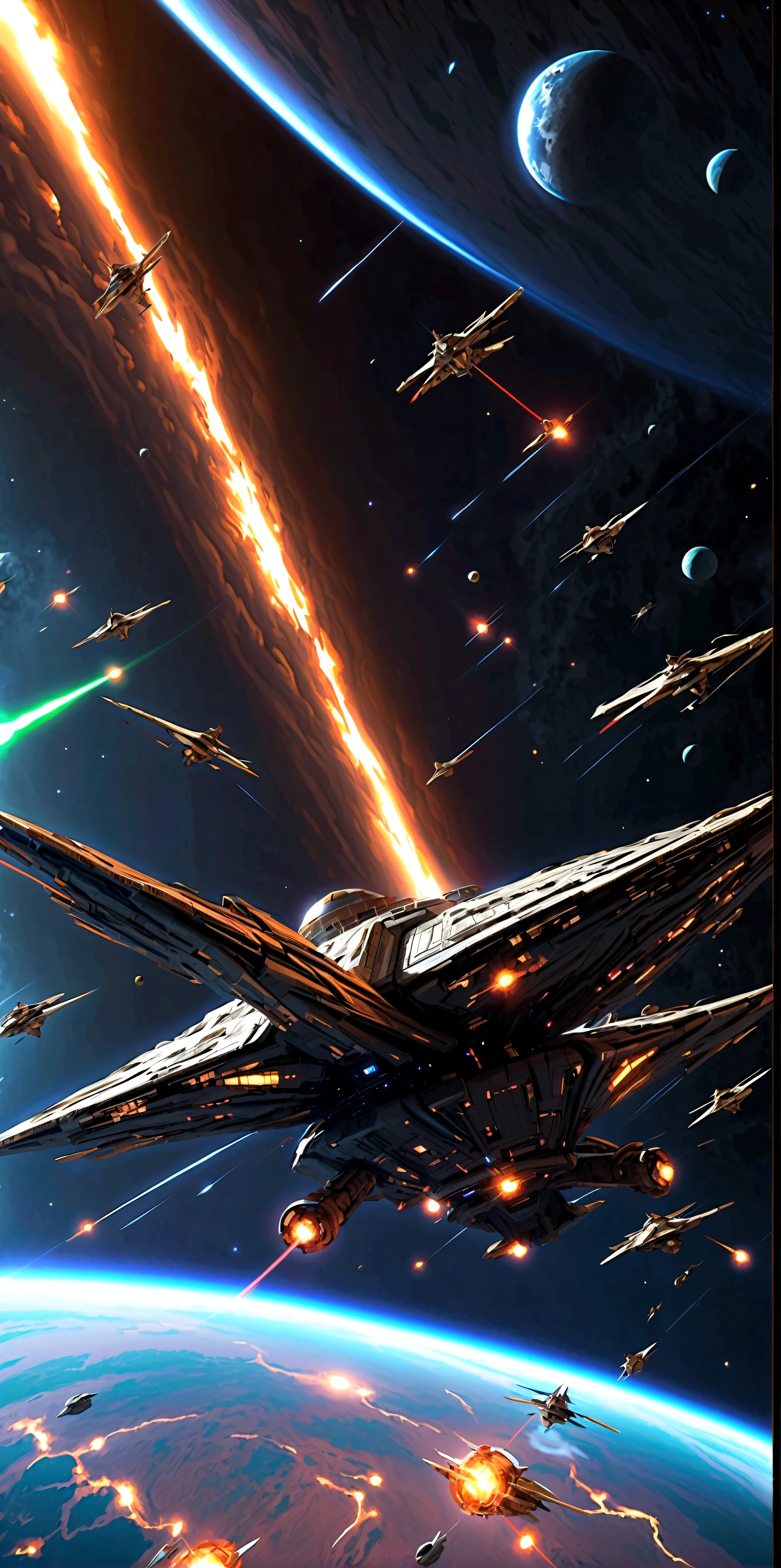 quality\(8k,wallpaper of extremely detailed CG unit, ​masterpiece,hight resolution,top-quality,top-quality real texture skin,hyper realisitic,increase the resolution,RAW photos,best qualtiy,highly detailed,the wallpaper,cinematic lighting,ray trace,golden ratio\), BREAK ,many spaceships are fighting,space-war,at very dark outer space,dynamic angle, science-fiction,futuristic,space opera,star-wars,