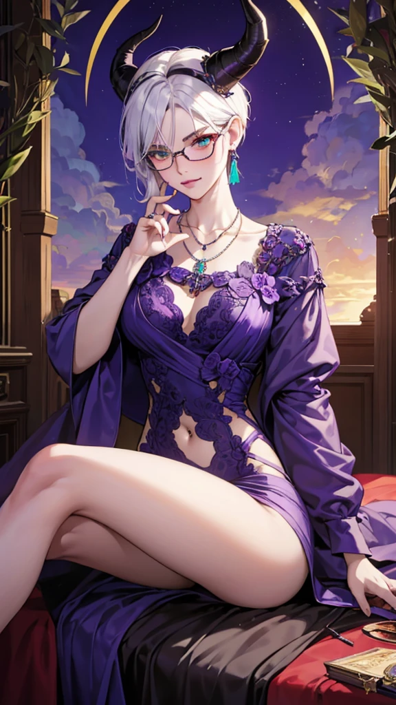 8k, masterpiece, best quality, highly detailed, 1 girl, tiefling, warlock, multicolored hair, very short straight hair green highlight hair on white hair, strippled hair, wearing glasses, round glasses, earrings, red eyeshadow, long eyelashes,navel piercing, blushed cheek, necklace, collarbone, mole, glamorous, purple and teal clothing, villainy, smirk, seductive face, halfbody view, rings, looking at viewer, demon horns, solo, antique dress, ballroom, palace, blue pale moon, sitting,
