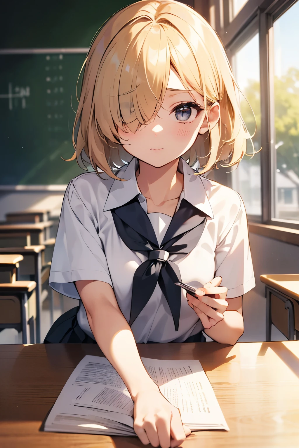 1 Girl, , 超High resolution, retina, masterpiece, Accurate, Anatomically correct, Rough skin, Very detailedな, Advanced Details, high quality, Awards, 最high quality, High resolution, High resolution, 4K,(anime,8K,masterpiece, 最high quality, 最high quality,beautifully、aesthetic:1.2,Professional Illustration:1.1,Very detailedな:1.3,Perfect lighting),Very detailed,Most detailed,High resolution,Cute pose,Embarrassing,(light blonde hair),(hair over one eye:1.8),(short hair),classroom,(school uniform:1.9),tareme,round eyes,put hair in ears, Peeking from below,Tuck up your shirt,wave hands