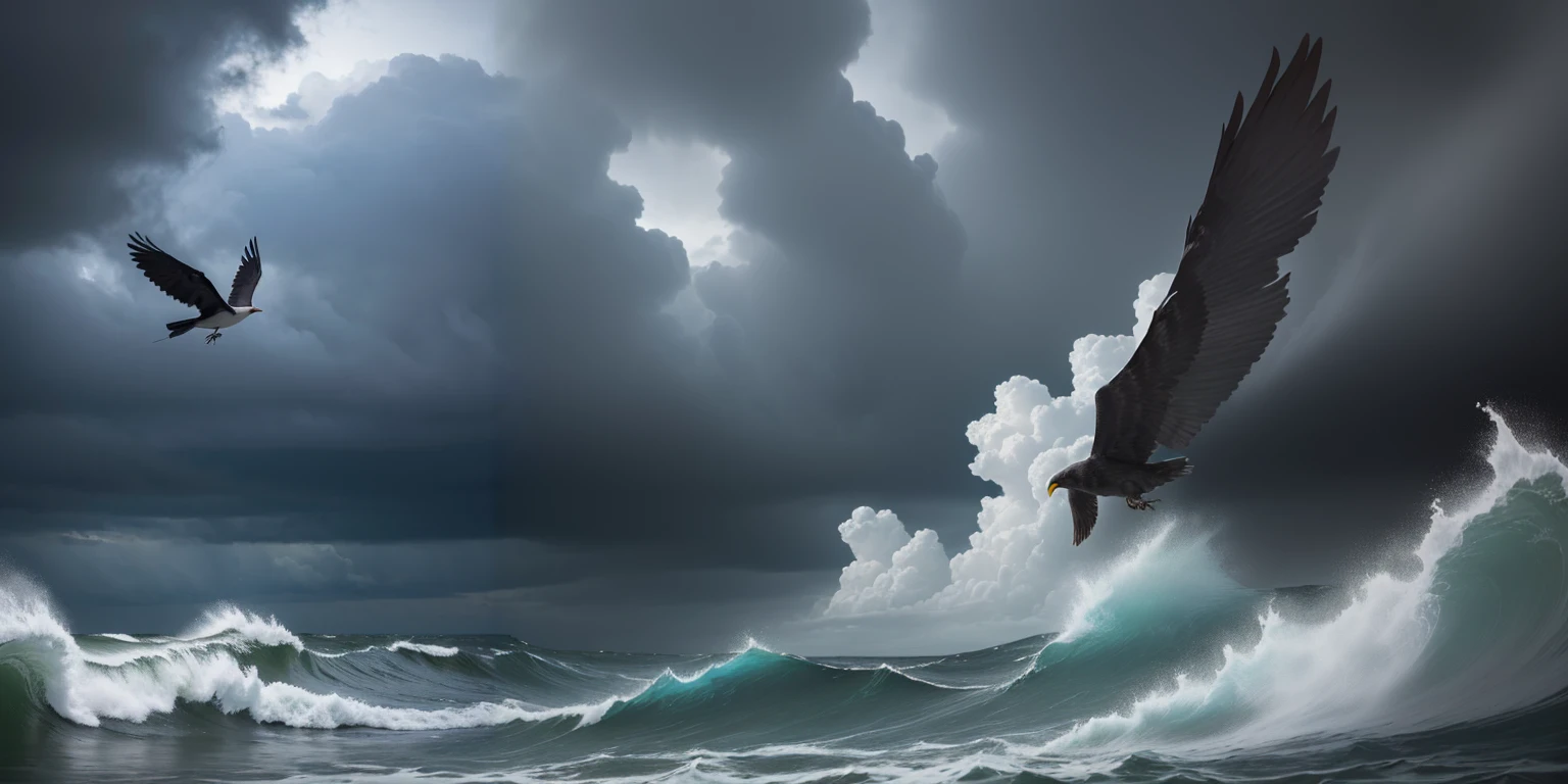there is a bird flying over the ocean with a stormy sky, it's flying between a storm, against a stormy sky, ravens stormy sky of foreboding, by Marcin Zaleski, flying over the ocean, storm arriving, soaring, by Mathias Kollros, by Ivan Grohar, by Ibrahim Kodra, by Dietmar Damerau