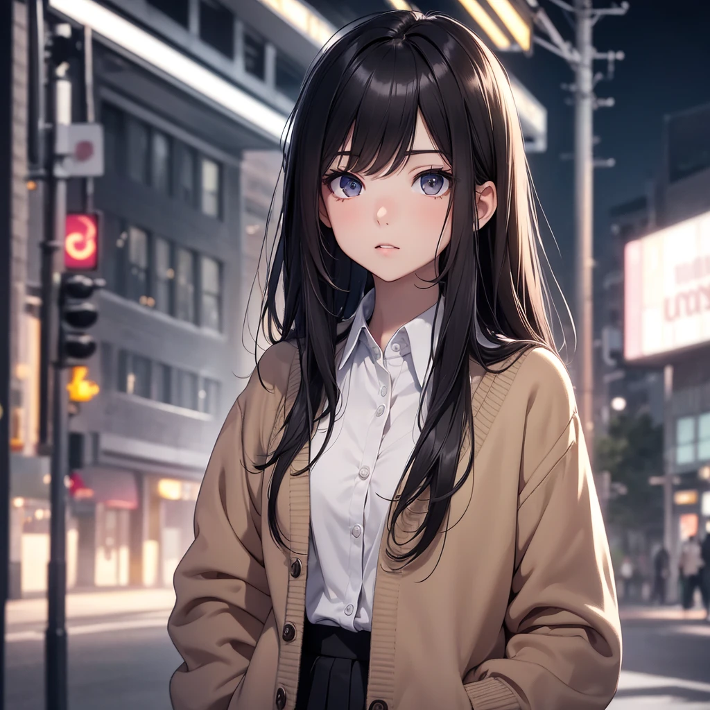 (8K, Best Quality, Masterpiece, Ultra High Resolution) 1Girl, , Young, Cute, Slender, Beautiful Eyes, Face Details, Long Black Hair, Hazel Eyes, Pale Skin, Wearing School Outfit, Cardigan, Standing Outside at Night, Best Quality, Upper Body, Looking at the Viewer, Facing Viewer, Close Up